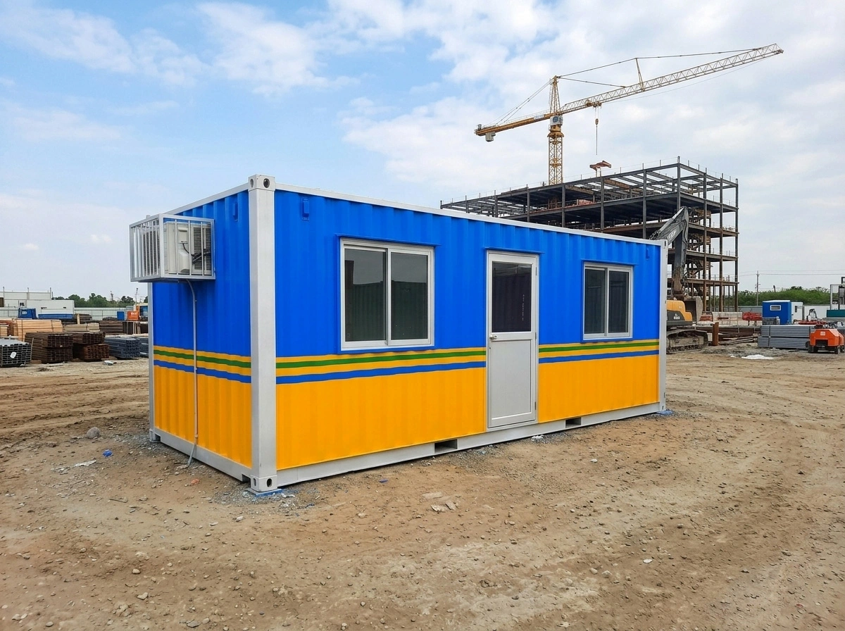 Tampak depan site office container modifikasi untuk direksi proyek di Surabaya